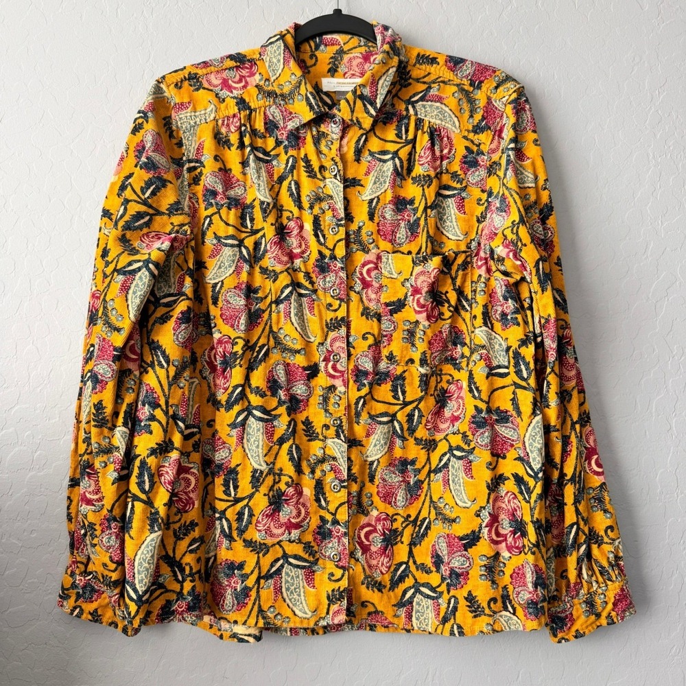 Pilcro Anthropologie Medium Corduroy Shirt Yellow Floral Paisley Long Sleeve